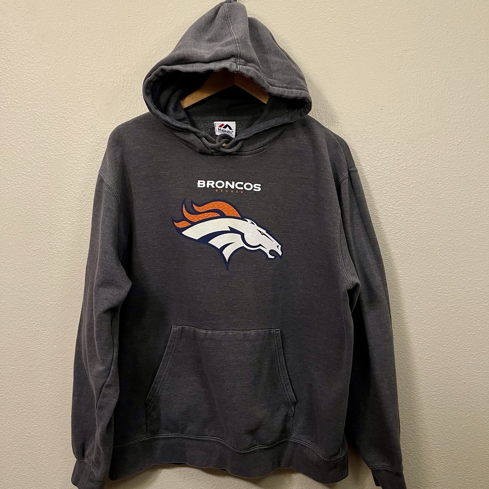 NFL Denver Broncos Majestic Hoodie Large Logo Gray Size‎ L/XL - READ